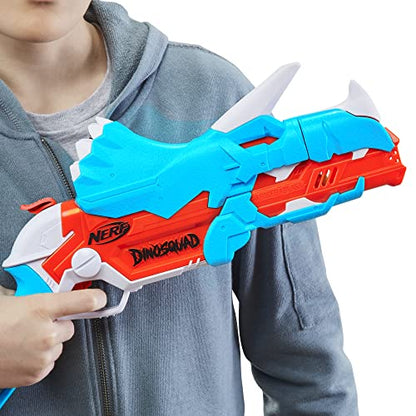 NERF DinoSquad Tricera-Blast Dart Blaster, Break-Open 3-Dart Loading, 12 Official Darts, Dart Storage, Triceratops Dinosaur Design