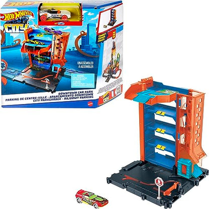 Hot Wheels City Toy Car Track Set Downtown Car Park Playset with 1:64 Scale Vehicle, 4 Levels, Working Lift & Exit Chute For 4 years and up, Multi