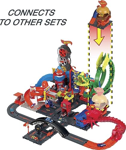 Hot Wheels Toy Car Track Set City Burger Drive-Thru Playset & 1:64 Scale Car, Connects to Other Sets & Tracks