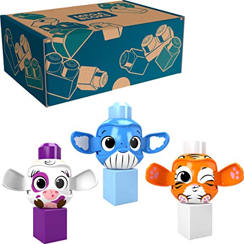 Mega Bloks Peek A Blocks Toys 3-Pack Value Bundle – Tiger, Whale, Cow – with 3 Building Blocks and 3 peek a Boo Rolling Animals, Ages 1+