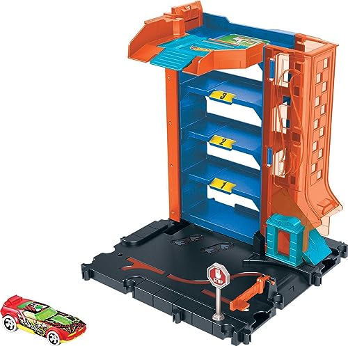 Hot Wheels City Toy Car Track Set Downtown Car Park Playset with 1:64 Scale Vehicle, 4 Levels, Working Lift & Exit Chute For 4 years and up, Multi