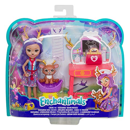 Mattel Enchantimals Caring Vet Playset with Danessa Deer Doll and Sprint Animal Figure, 6-inch Small Doll, with Check-up Table, Basket, and Smaller Doctor Accessories, Gift for 3 to 8 Year Olds