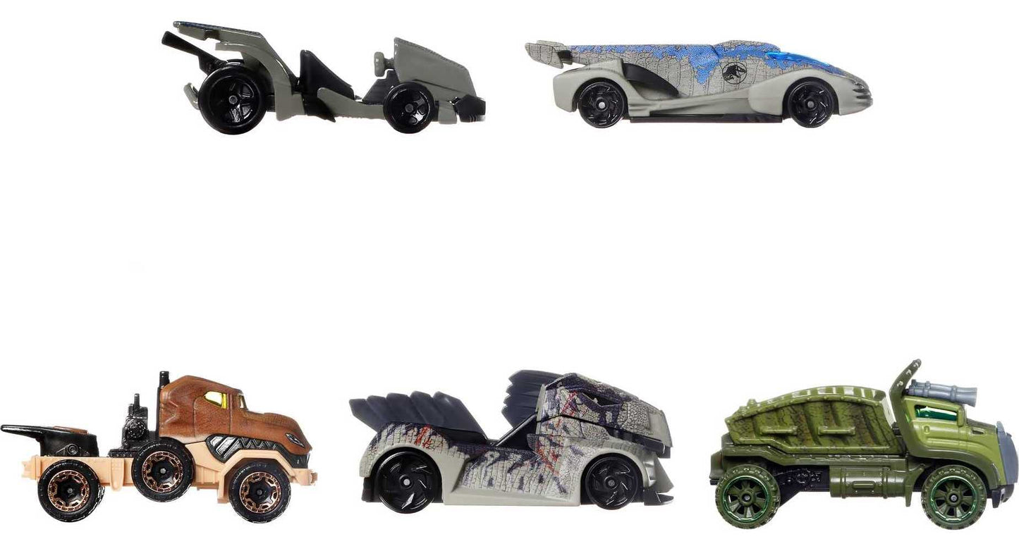 Jurassic World Toys Dominion Toy Character Cars 5-Pack in 1:64 Scale: Beta, Giganotosaurus, T-Rex, Triceratops & Velociraptor