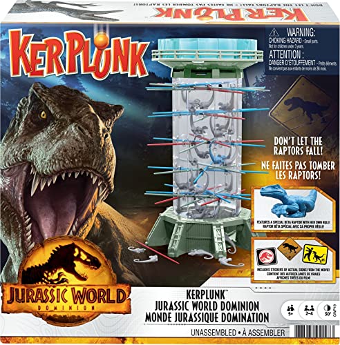 Mattel Games Jurassic World Toys Dominion Kids & Family Game with Velociraptor Dinosaurs, Tower, Sticks, Die & Stickers