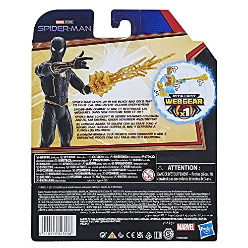 Spider-Man Marvel 6-Inch Mystery Web Gear Black and Gold Suit Action Figure, Includes Mystery Web Gear Armor Accessory and Character Accessory, Ages 4 and Up