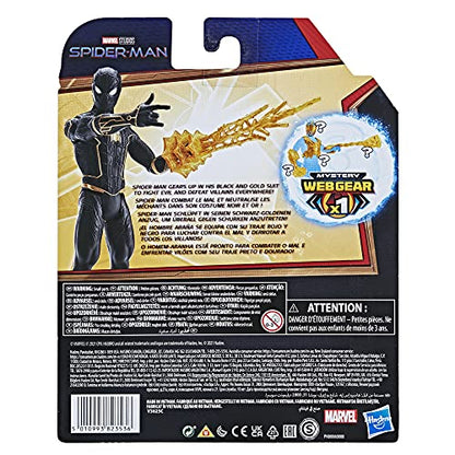 Spider-Man Marvel 6-Inch Mystery Web Gear Black and Gold Suit Action Figure, Includes Mystery Web Gear Armor Accessory and Character Accessory, Ages 4 and Up