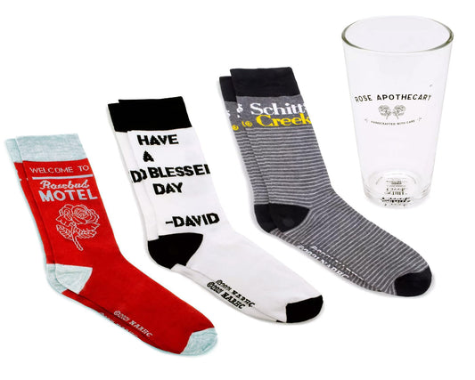 CultureFly Schitt's Creek 3 Pairs of Socks Plus Rose Apothecary Pint Glass Gift Set, Multicolor