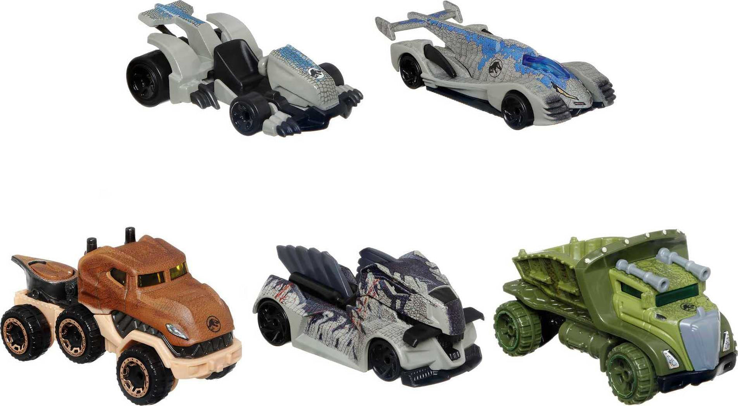 Jurassic World Toys Dominion Toy Character Cars 5-Pack in 1:64 Scale: Beta, Giganotosaurus, T-Rex, Triceratops & Velociraptor