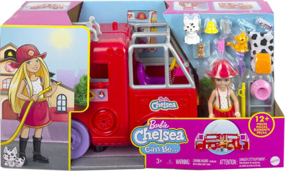 Barbie Chelsea Can Be Doll & Toy Fire Truck Playset with Blonde Small Doll, 2 Pets & 15+ Accessories, Open for Fire Station