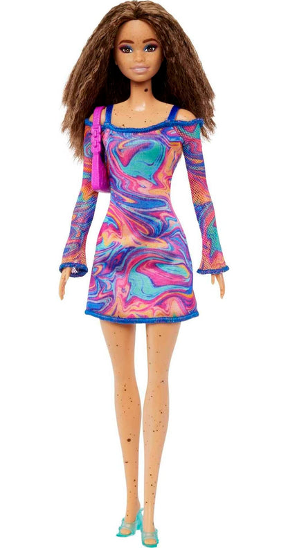 Barbie Fashionistas Doll #206 with Crimped Hair & Freckles, Rainbow Marble-Print Dress, Green Mules & Purse, Small