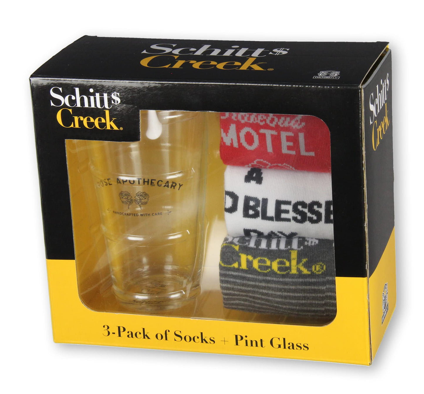 CultureFly Schitt's Creek 3 Pairs of Socks Plus Rose Apothecary Pint Glass Gift Set, Multicolor