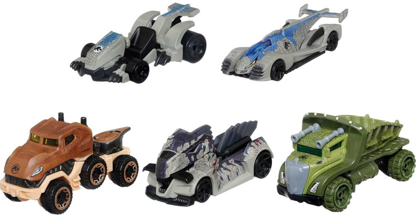 Jurassic World Toys Dominion Toy Character Cars 5-Pack in 1:64 Scale: Beta, Giganotosaurus, T-Rex, Triceratops & Velociraptor