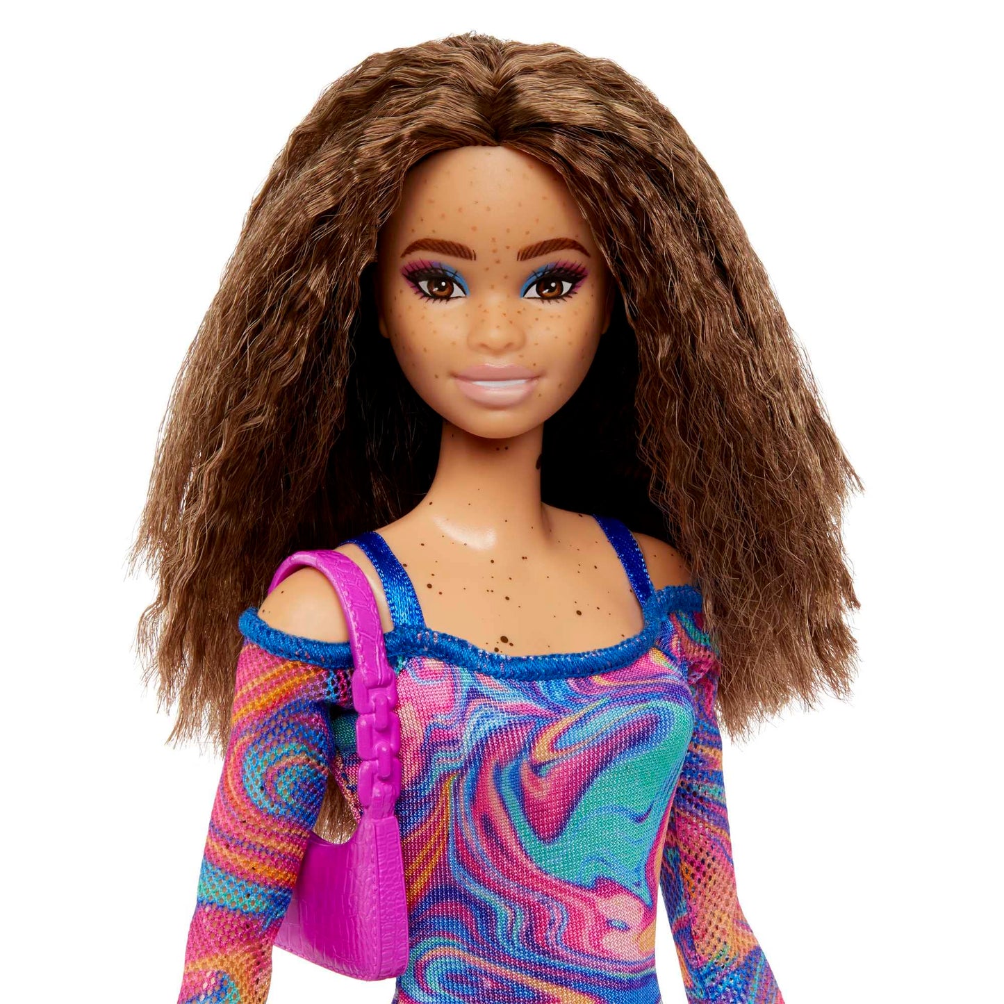 Barbie Fashionistas Doll #206 with Crimped Hair & Freckles, Rainbow Marble-Print Dress, Green Mules & Purse, Small