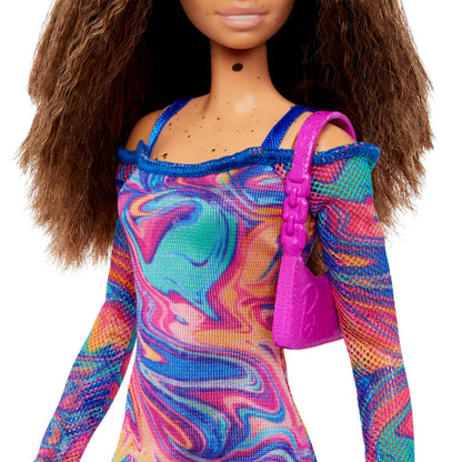 Barbie Fashionistas Doll #206 with Crimped Hair & Freckles, Rainbow Marble-Print Dress, Green Mules & Purse, Small