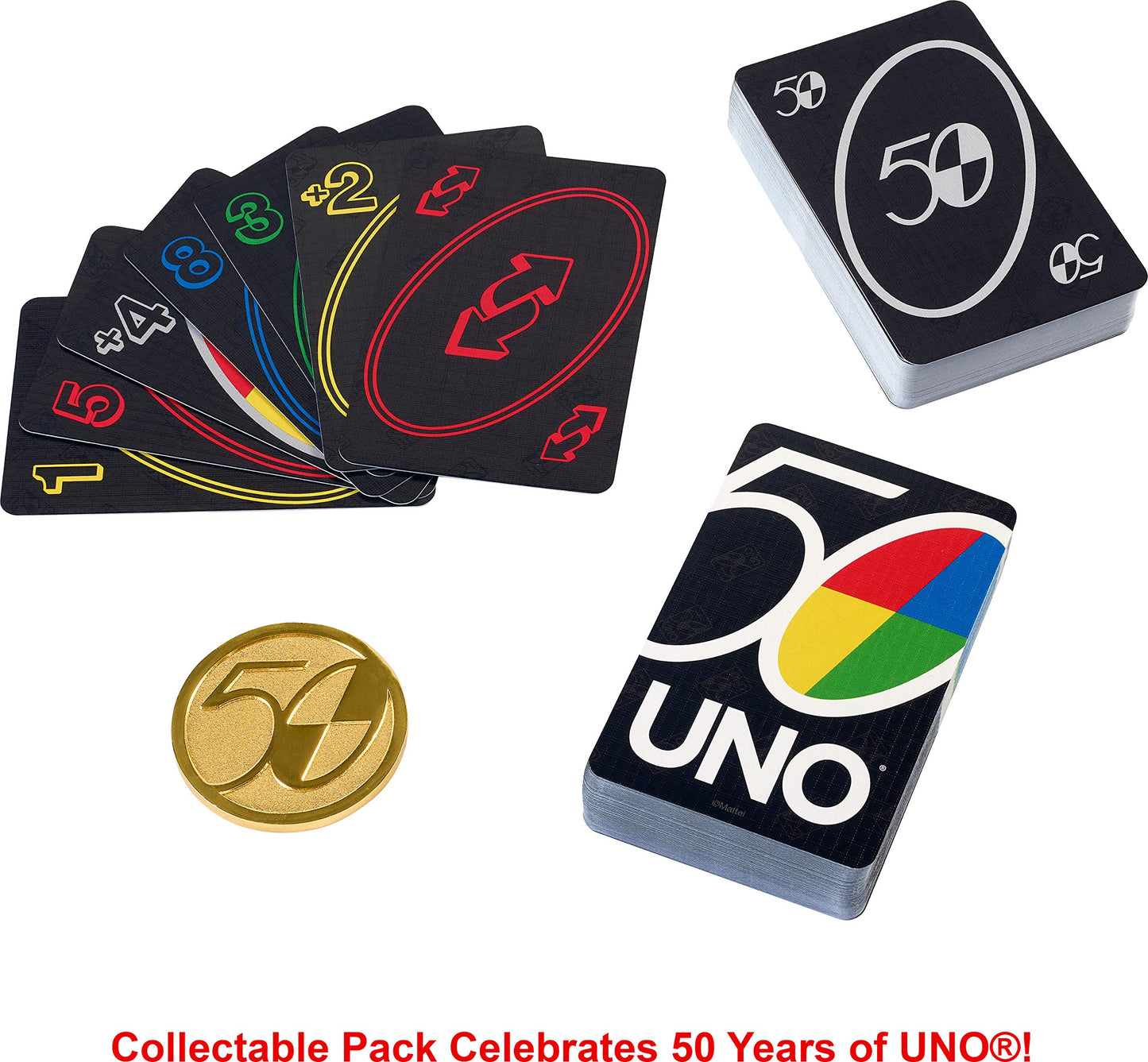 Mattel Games UNO Premium 50th Anniversary Edition Matching Card Game Featuring Commemorative Coin & 112 Cards, Game Night, Kids & Collectors Gift Ages 7 Years & Older.